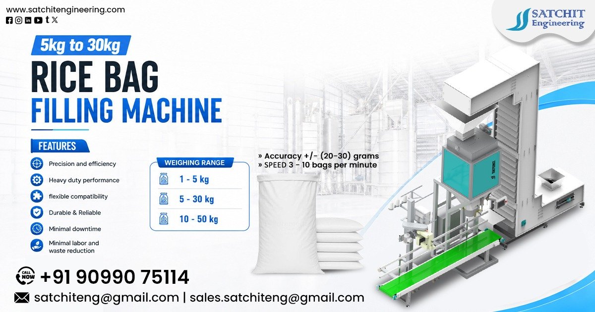 Automatic Rice 5kg to 30kg Bag Filling Machine by Satchit Engineering for accurate rice packaging operations